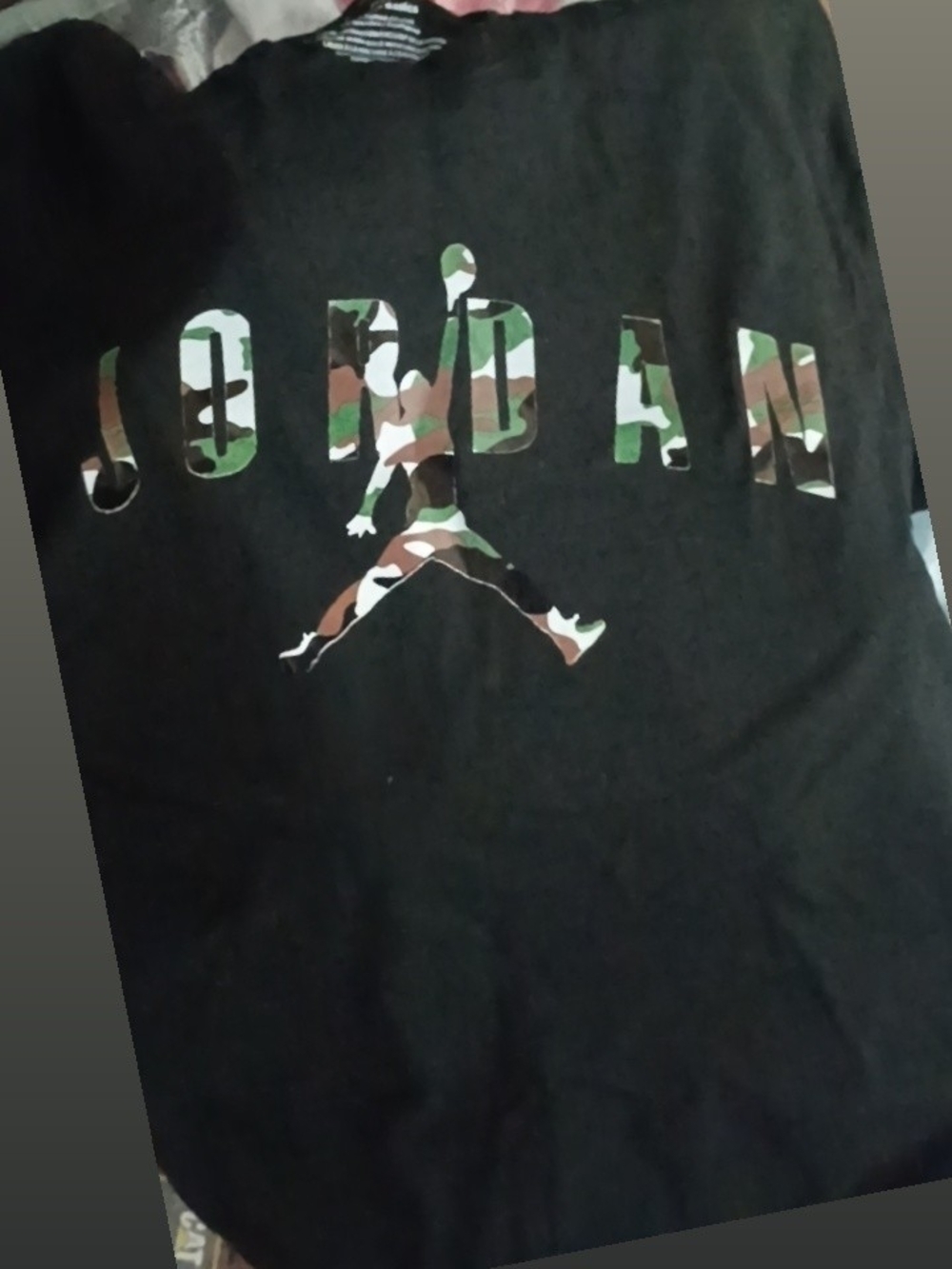 Jordan Black Tee with Green/Brown Camo Jumpman
